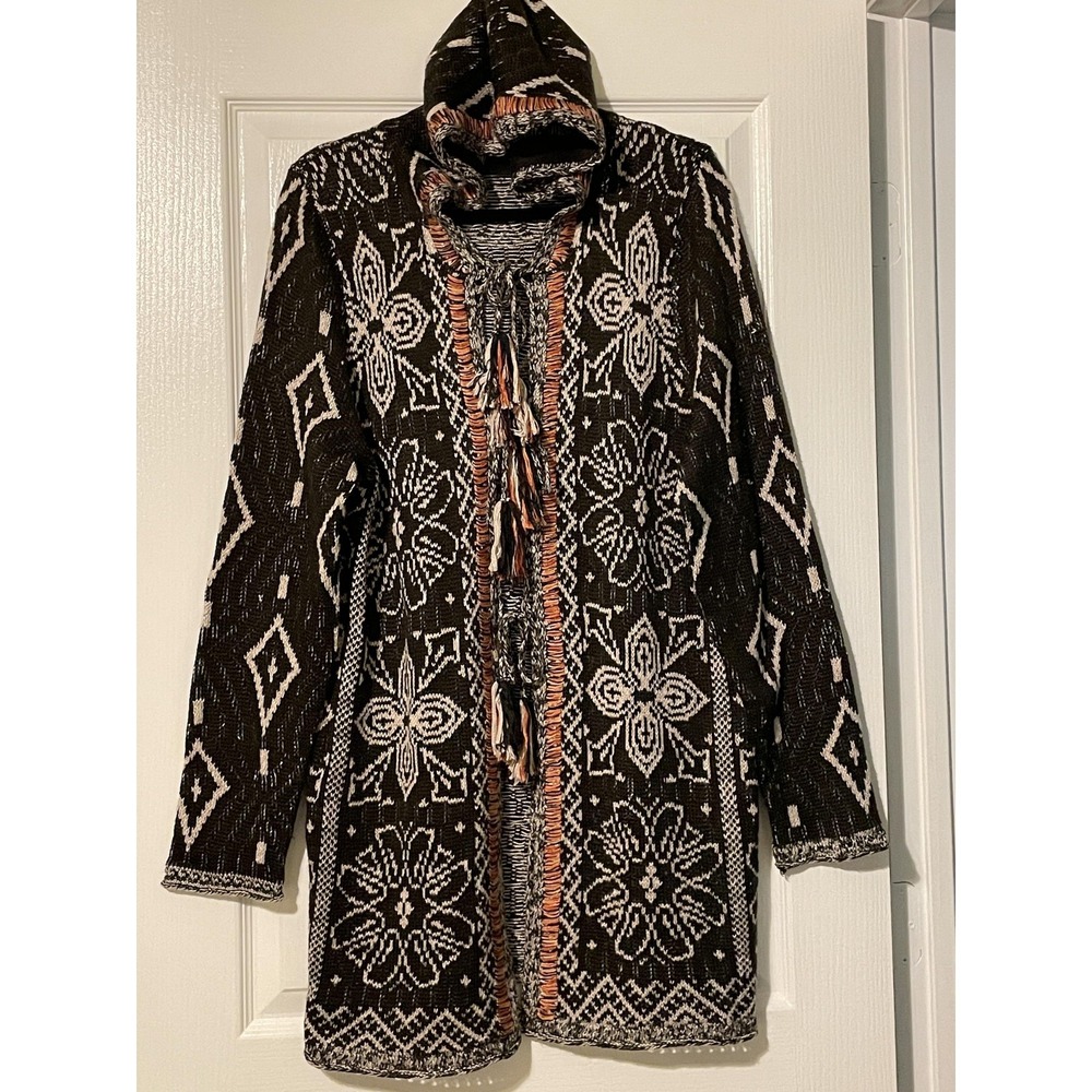 Cliche' Cardigan Sweater‎ Womens Large Black Hooded Fringe Boho Tribal Knit